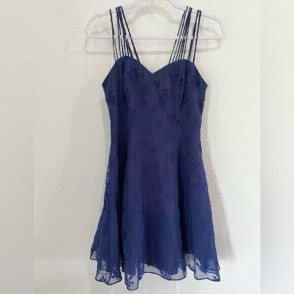 Vintage Fairy 90’s Velvet Whimsical Dark Lace Mini Dress Blue Goth Party - Picture 2 of 8